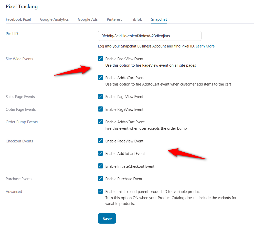 Enable the WooCommerce Snapchat Pixel events you want to track