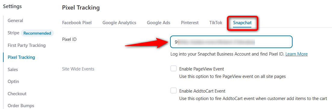 Paste WooCommerce Snapchat Pixel into FunnelKit Funnel Builder
