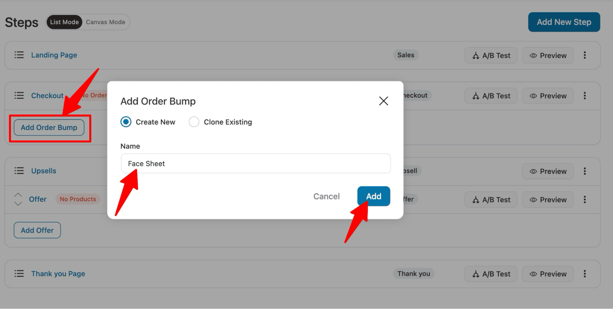 create order bump face sheet sales funnel for physical product