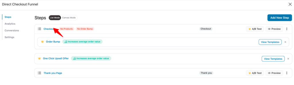 click on checkout step direct checkout funnel