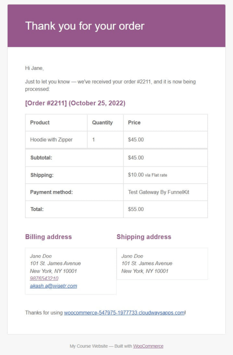 default woocommerce order confirmation email sent to customers