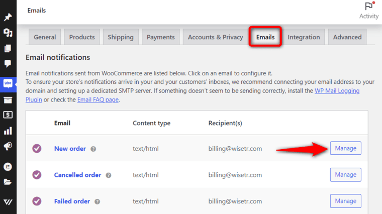 Click on 'Manage' next to New order emails
