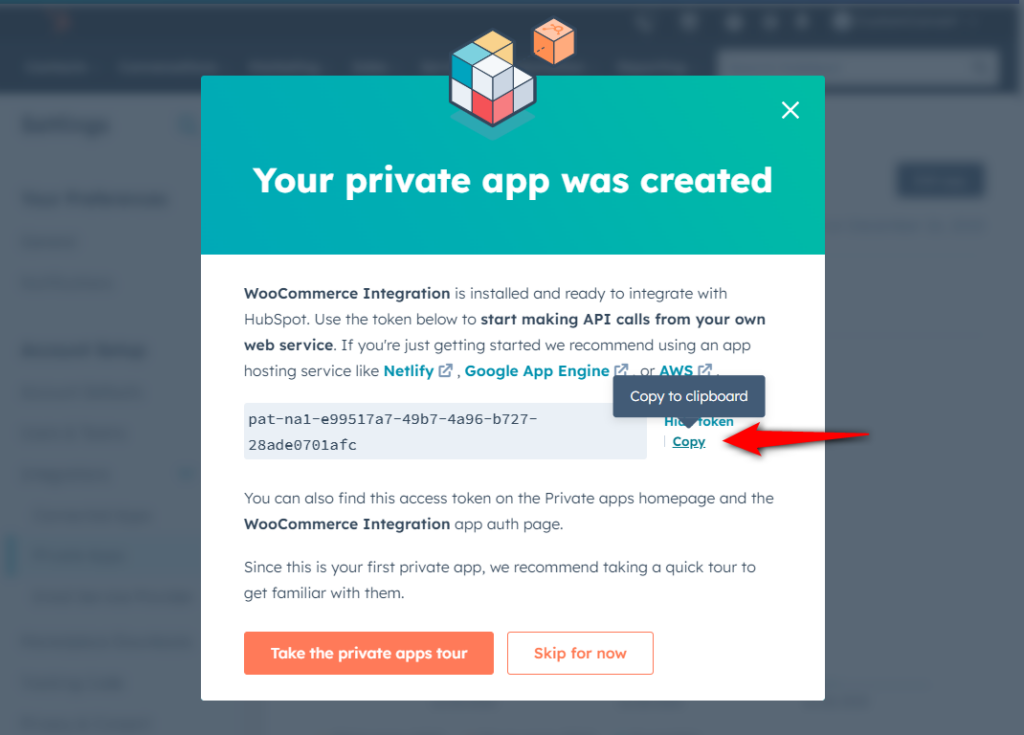 Copy the woocommerce hubspot integration access token 
