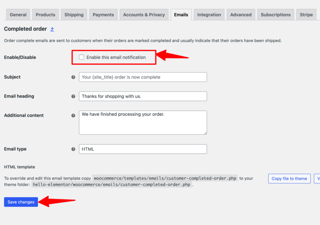 uncheck enable email notification for completed order