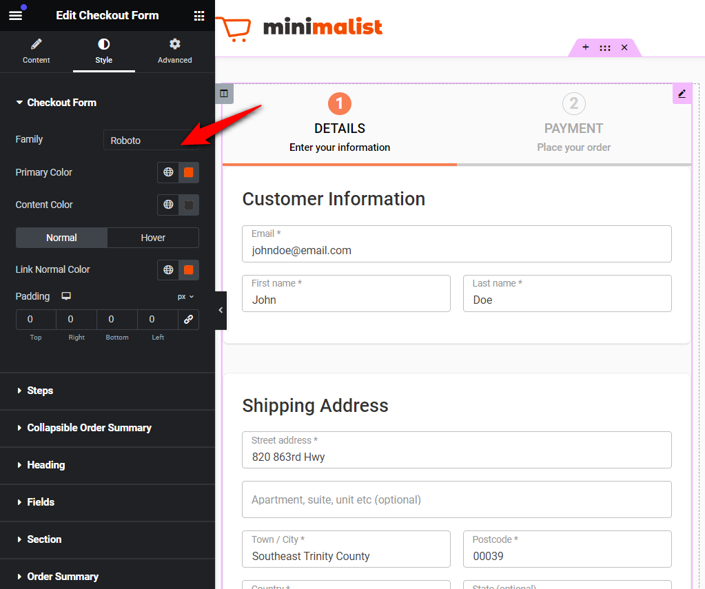 Style the checkout form widget - borders, colors, field width, and more on WooCommerce elementor checkout page