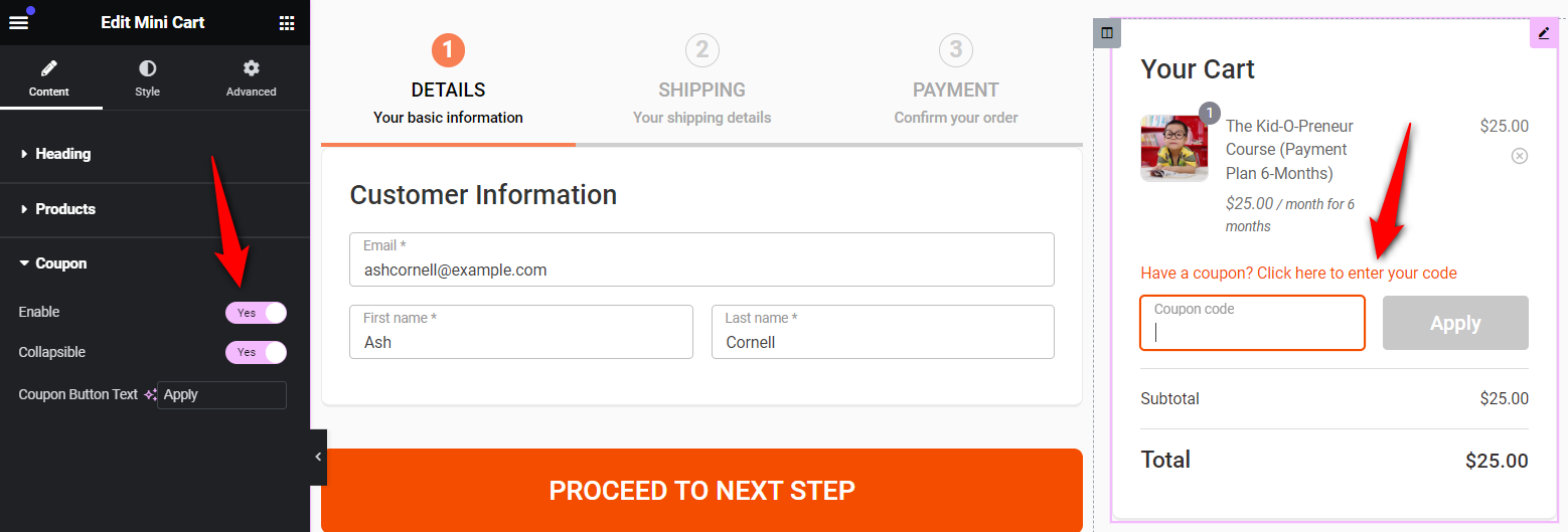 Customize woocommerce checkout page - edit the coupon section inside the mini cart by enabling the coupon section, make it collapsible and modify the coupon button text