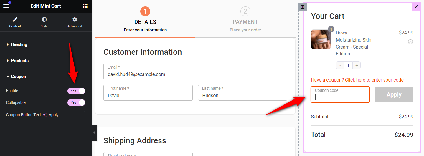 Enable or disable the coupon field, make it collapsible and edit the coupon button text on your woocommerce elementor checkout page