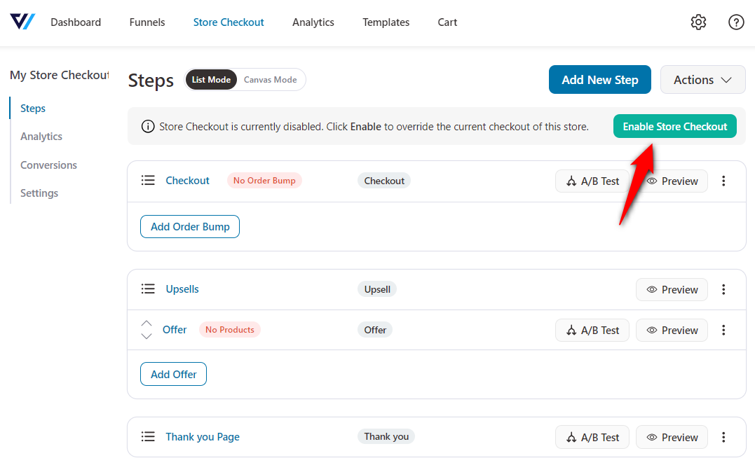 Enable store checkout to activate your custom woocommerce checkout page