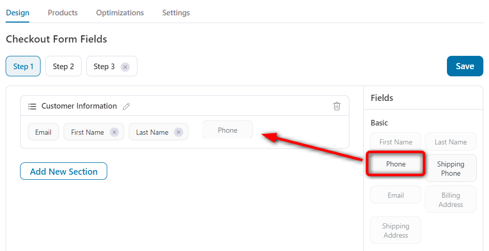 Drag and drop the phone field into the woocommerce checkout form