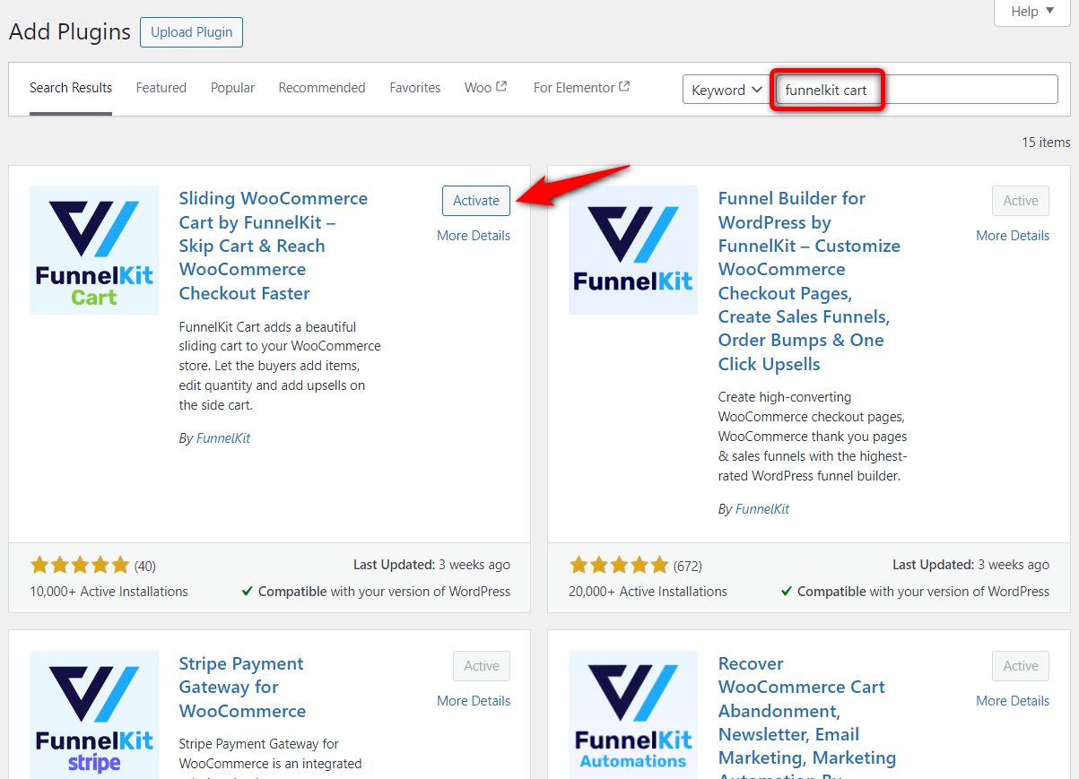 Install and activate the funnelkit sliding cart for woocommerce