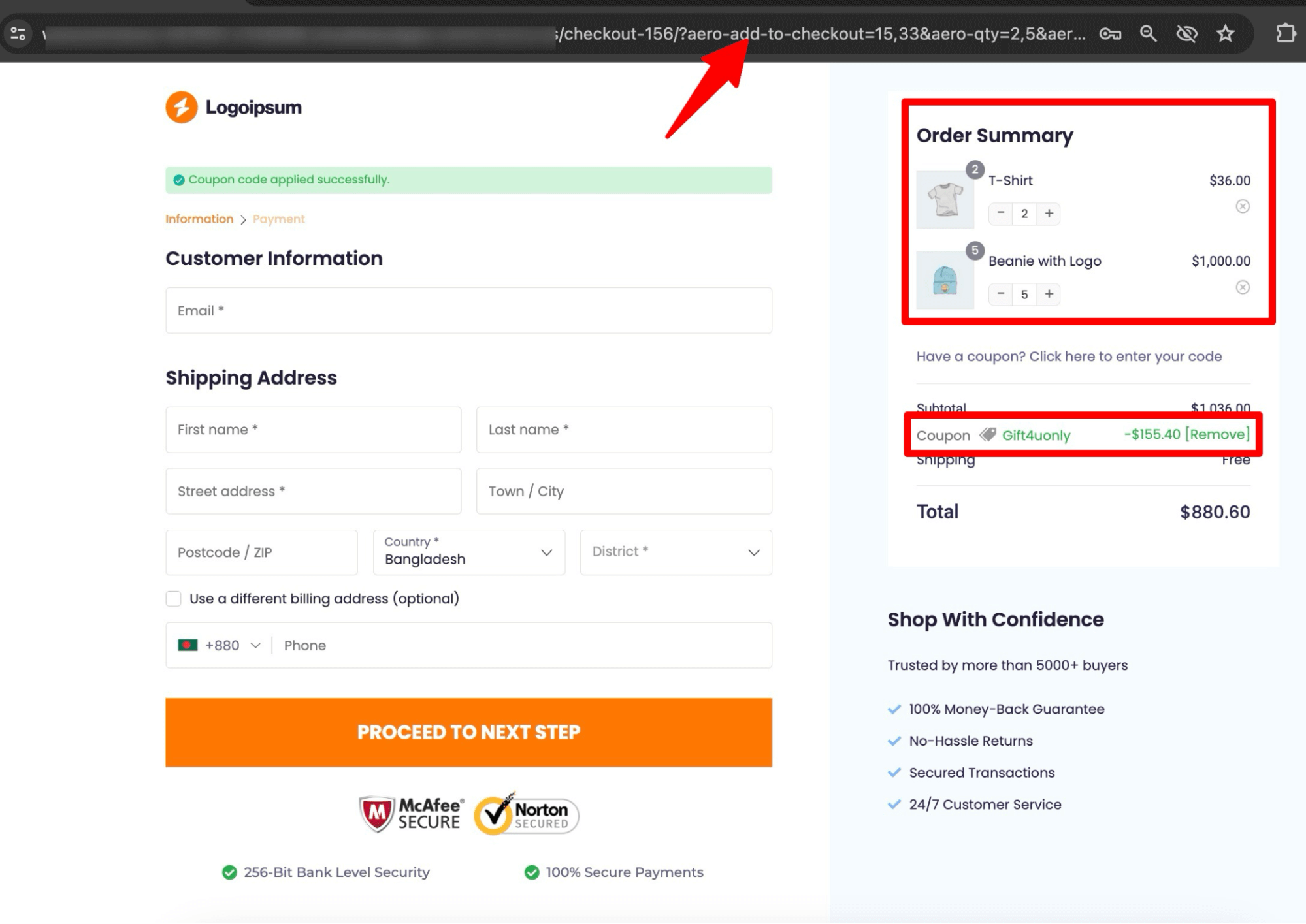 WooCommerce checkout coupon url preview
