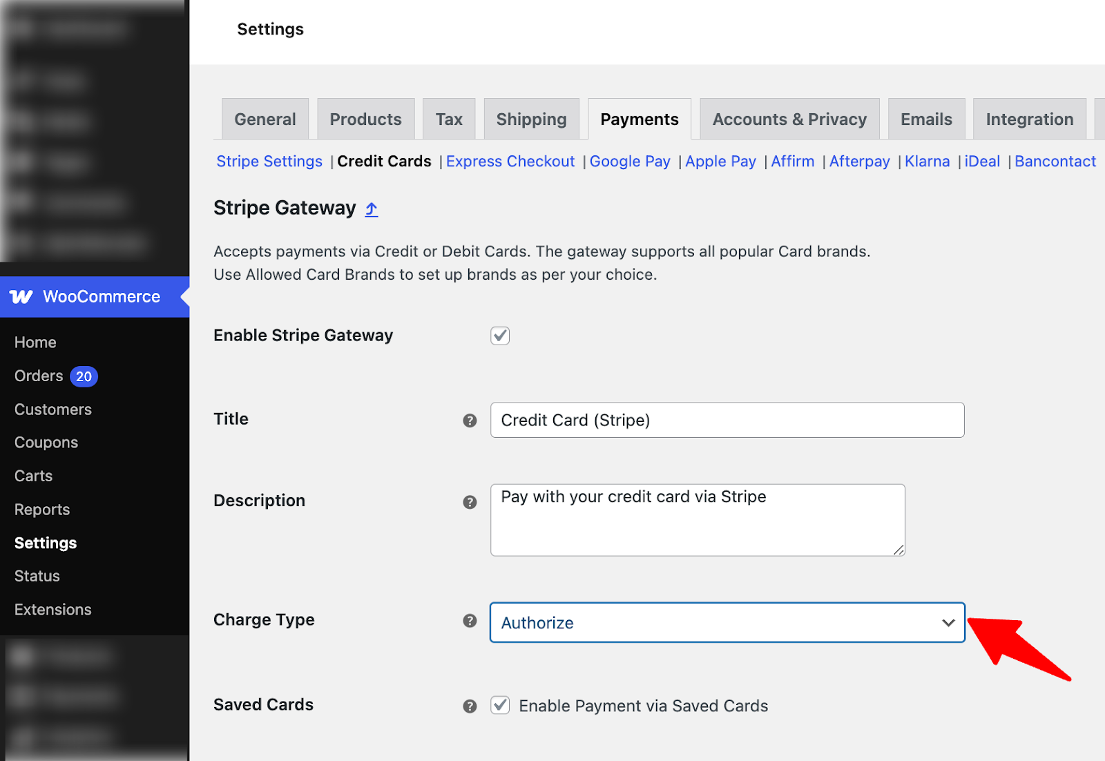 choose authorize in Stripe as charge type