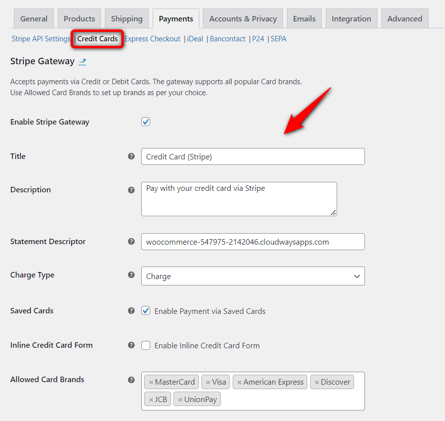 Configure Stripe credit card payment gateway that accepts Visa, MasterCard, American Express, Discover, JCB, UnionPay, etc.