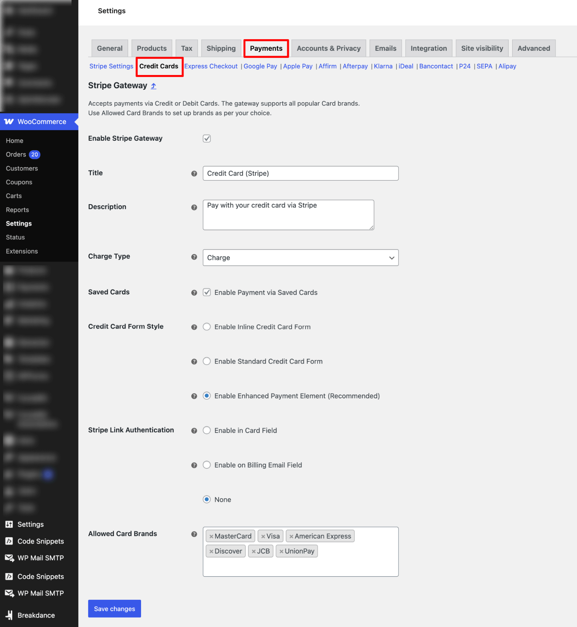 configure credit cards payments using stripe