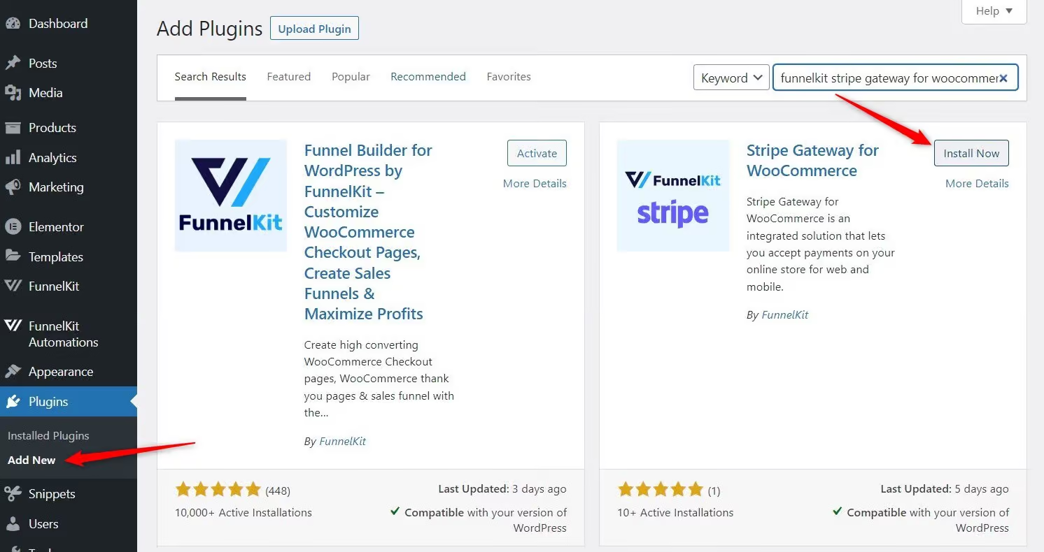 Install and activate the stripe gateway for woocommerce plugin