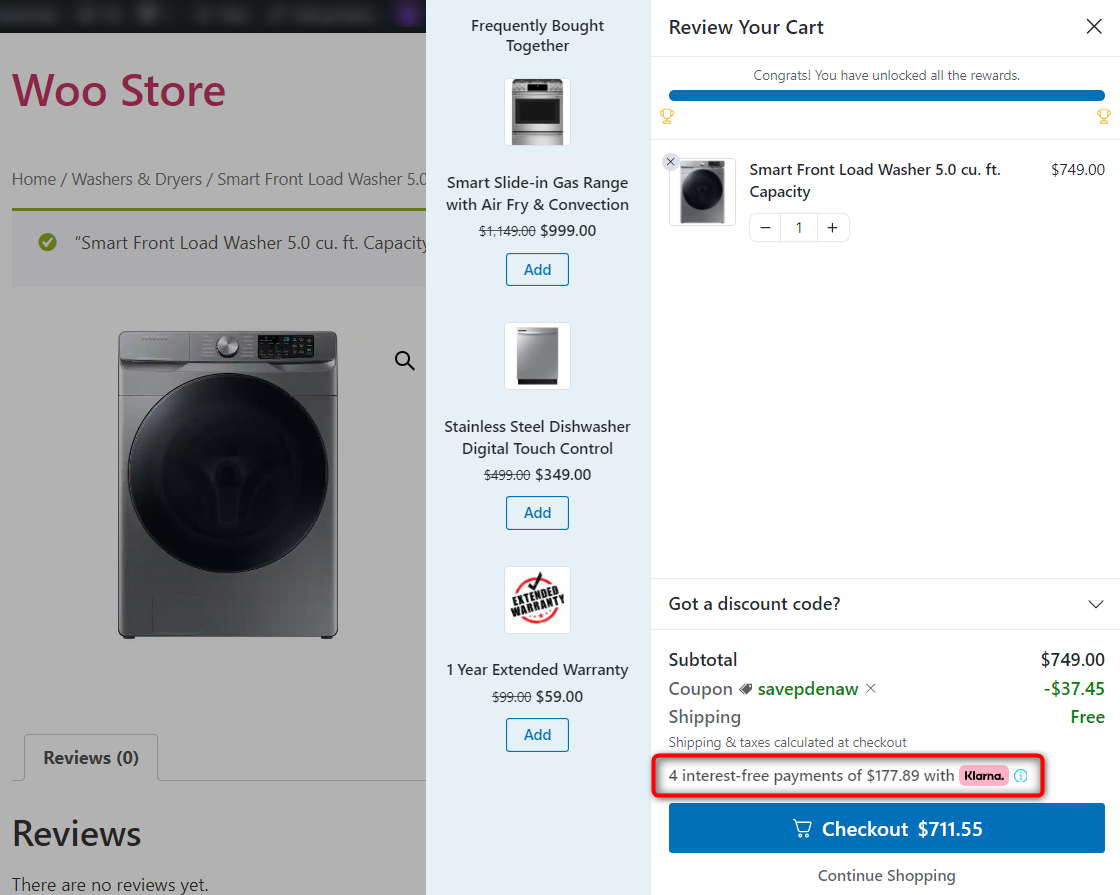 Klarna woocommerce buy now pay later payment display inside the shopping cart