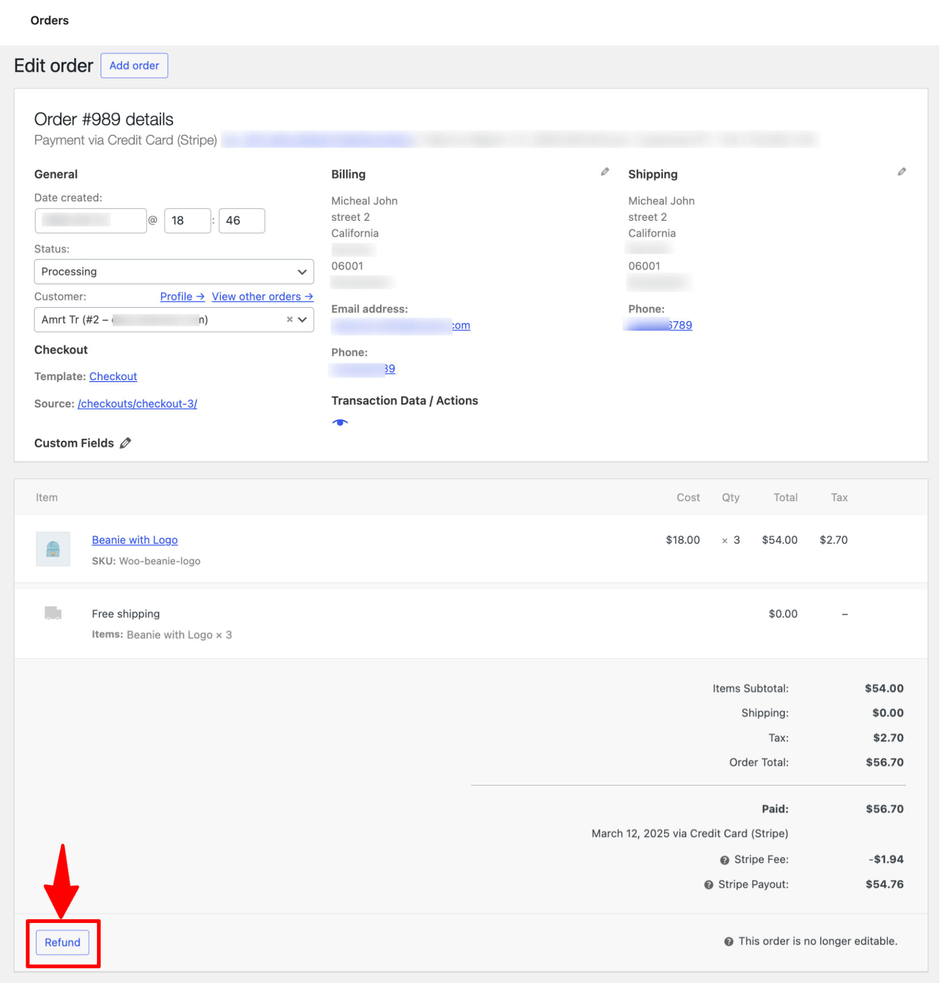 refund amount with stripe WooCommerce