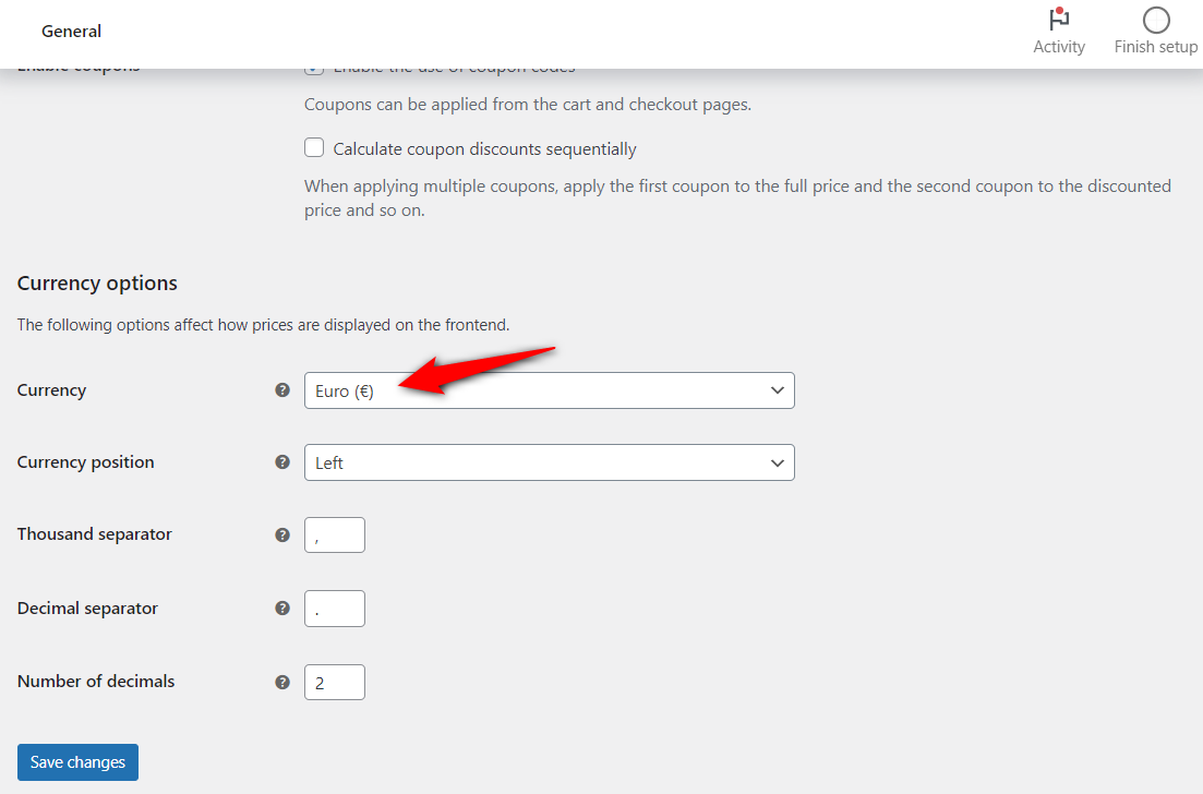Set the woocommerce store currency to Euro to set up sepa direct debit