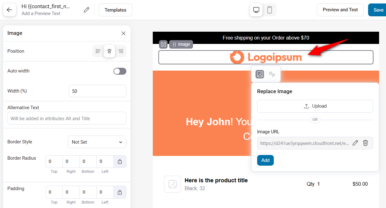 WooCommerce Email Customizer - drag and drop the image block to add your business logo