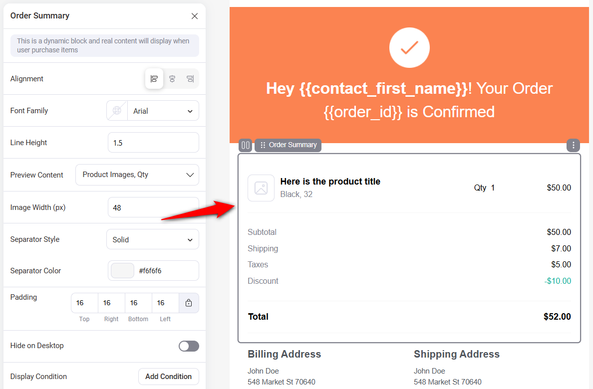 WooCommerce Email Customizer - customize the order summary content block