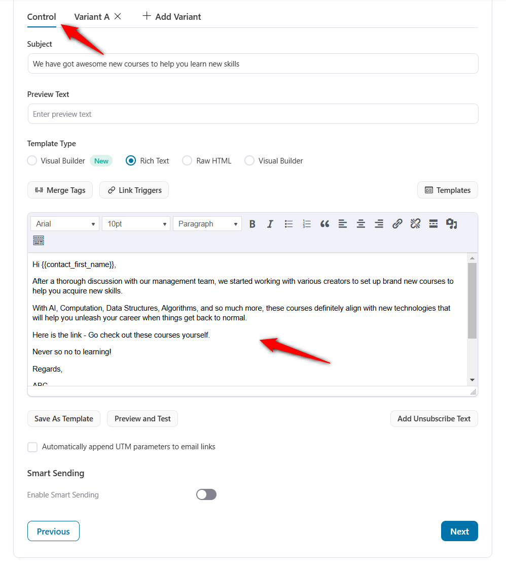 Create the email body for our first variant (Control)