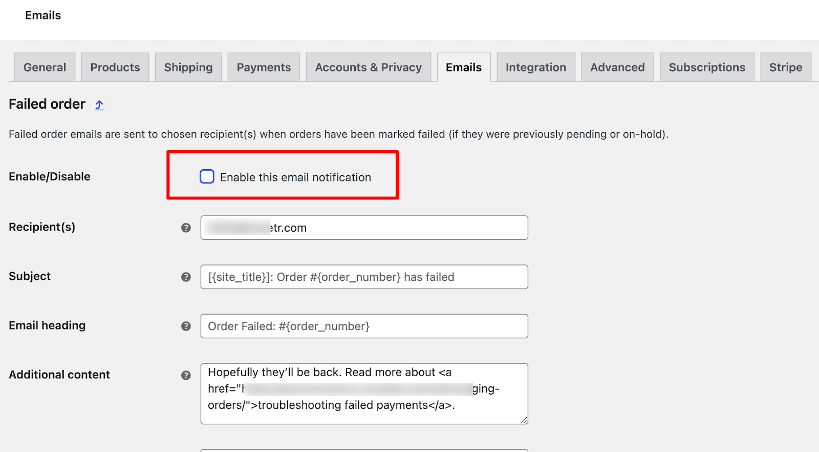 disable failed order email