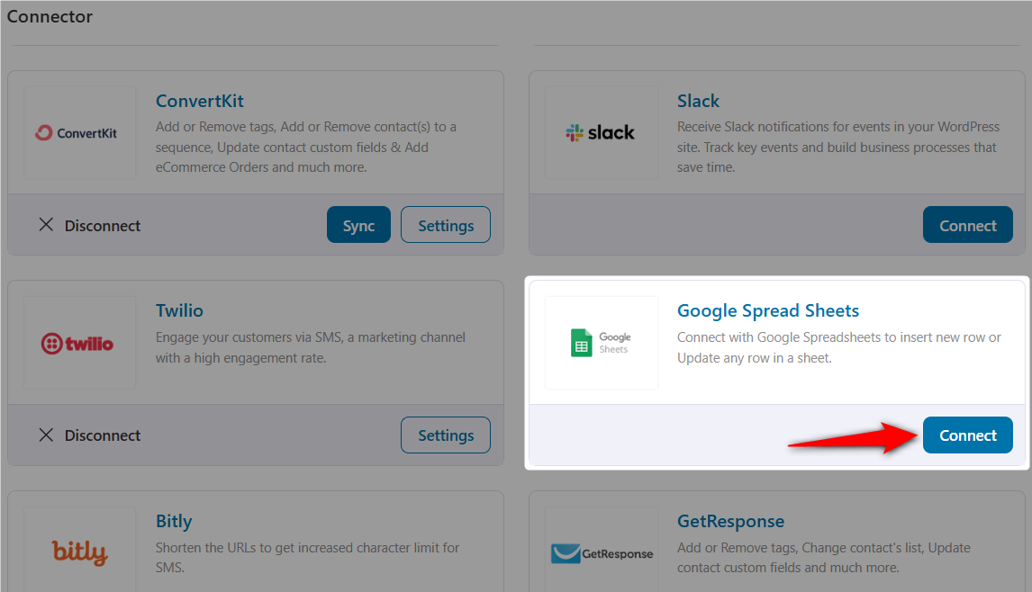 Click on Connect under Google Spread Sheets
