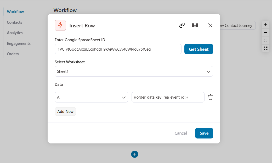 Paste the copied merge tag into value field - this will complete the woocommerce google sheets use case to bring order meta