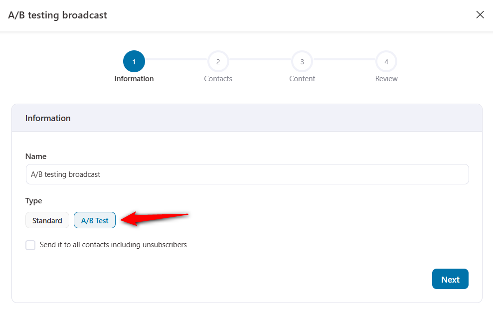 Select A/B test email broadcast type