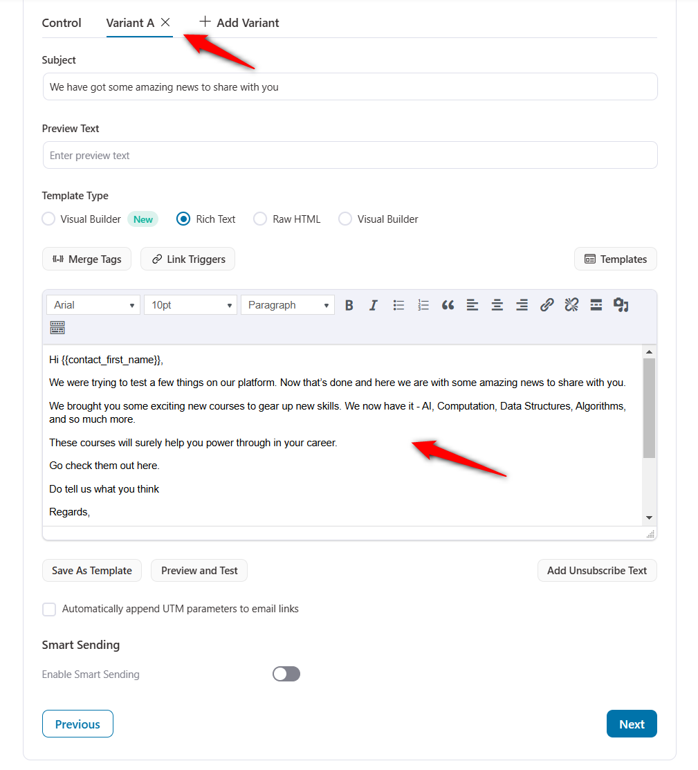 Create the email body for our second variant A