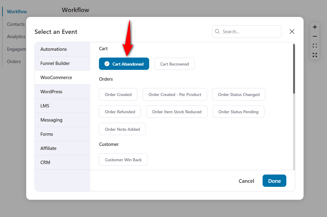 Add the cart abandoned event trigger for abandoned cart recovery automation for woocommerce hubspot integration 