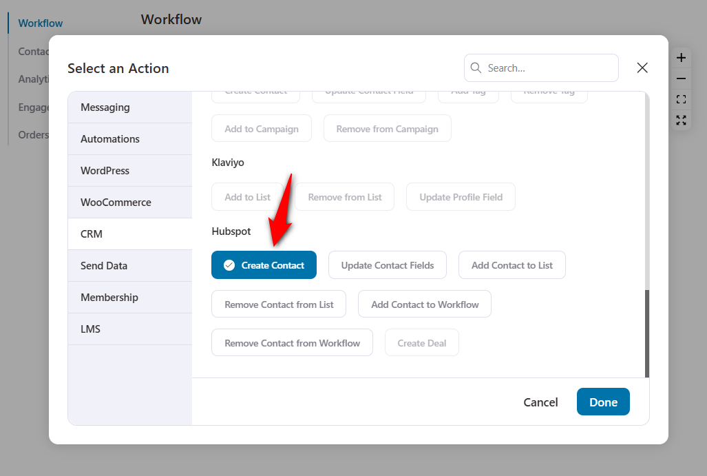 add the 'create contact action under hubspot crm in funnelkit automations