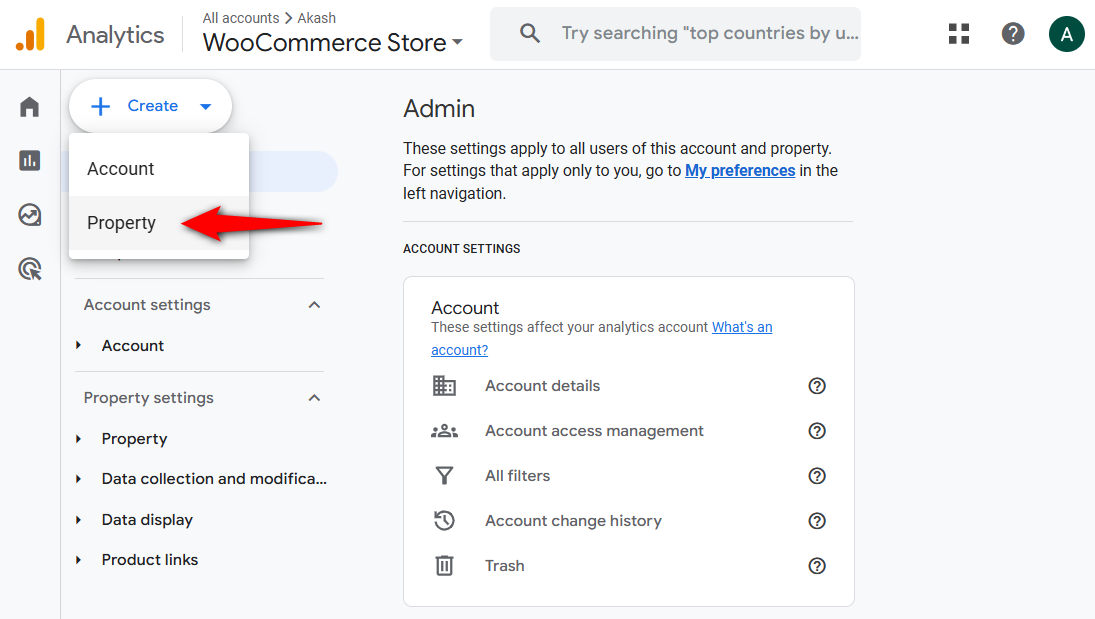 Create property for woocommerce google analytics integration