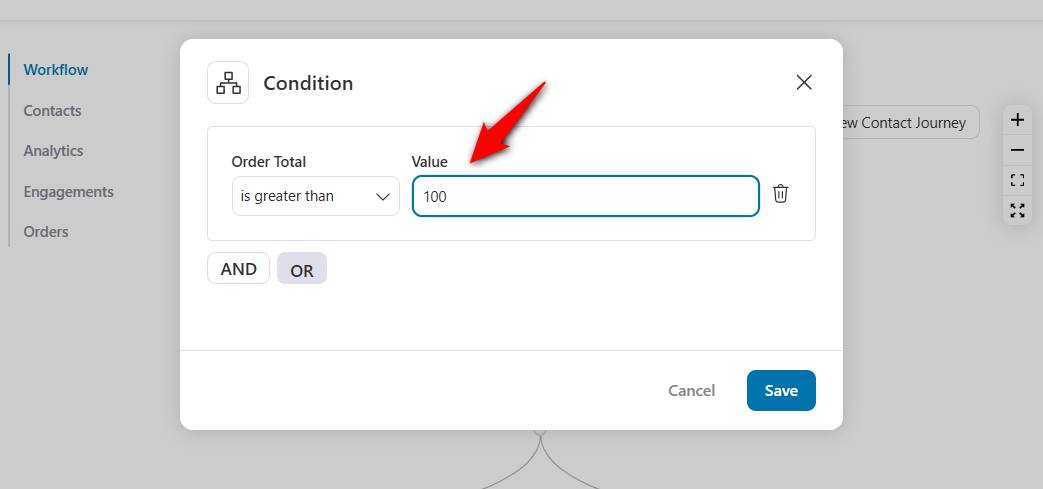 Choose the order total greater than 100 condition