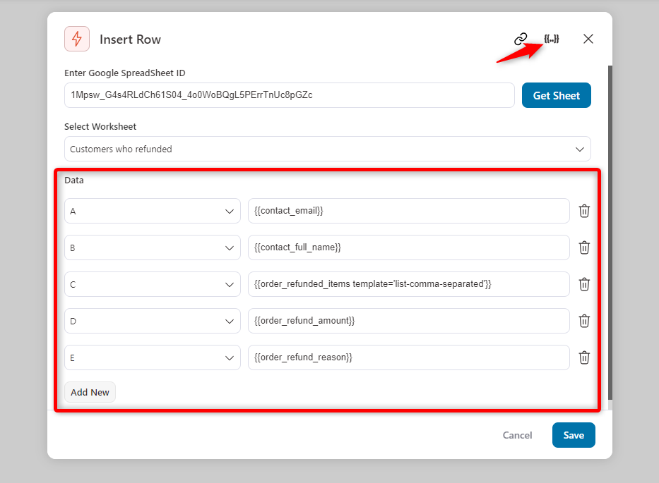 Click on the merge tags into the customer refunded google sheets