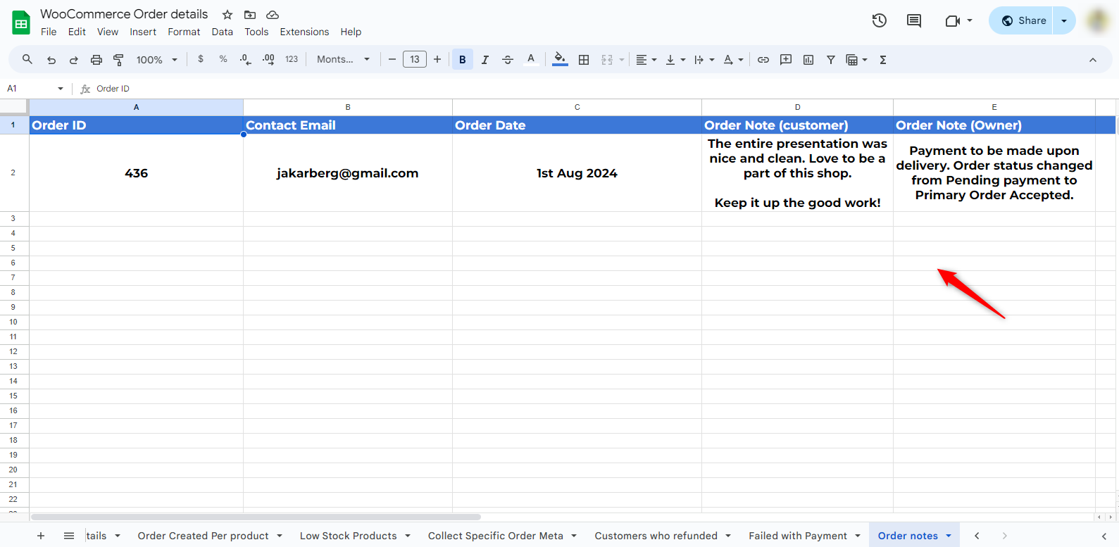 Preview of woocommerce order notes to google sheets