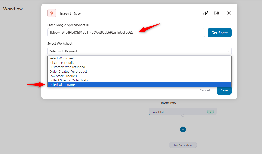 Select the woocommerce failed order google sheet