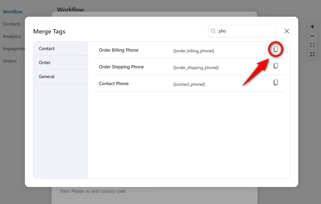 copy the order billing phone merge tag 