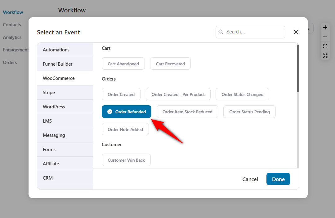 Select the order refunded event trigger