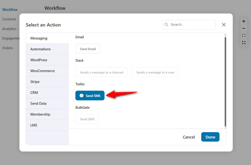 Specify the Send SMS action for your woocommerce order sms notification