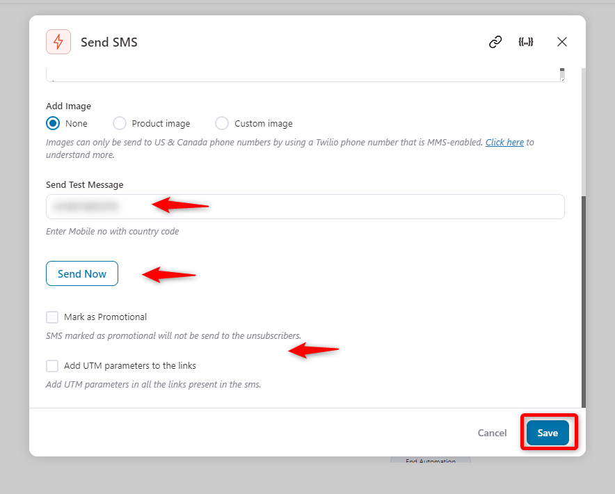 Send test message and add utm parameters to woocommerce order sms notification campaigns