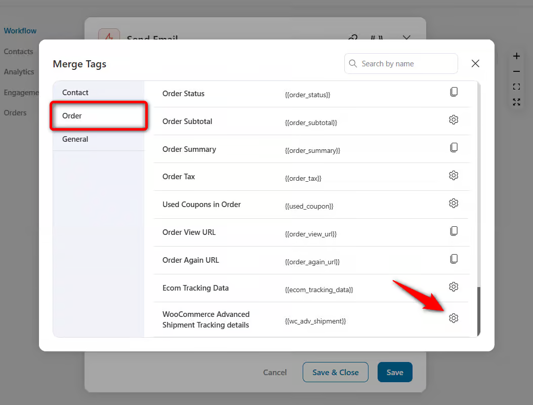 Click on the woocommerce advanced shipment tracking details merge tag