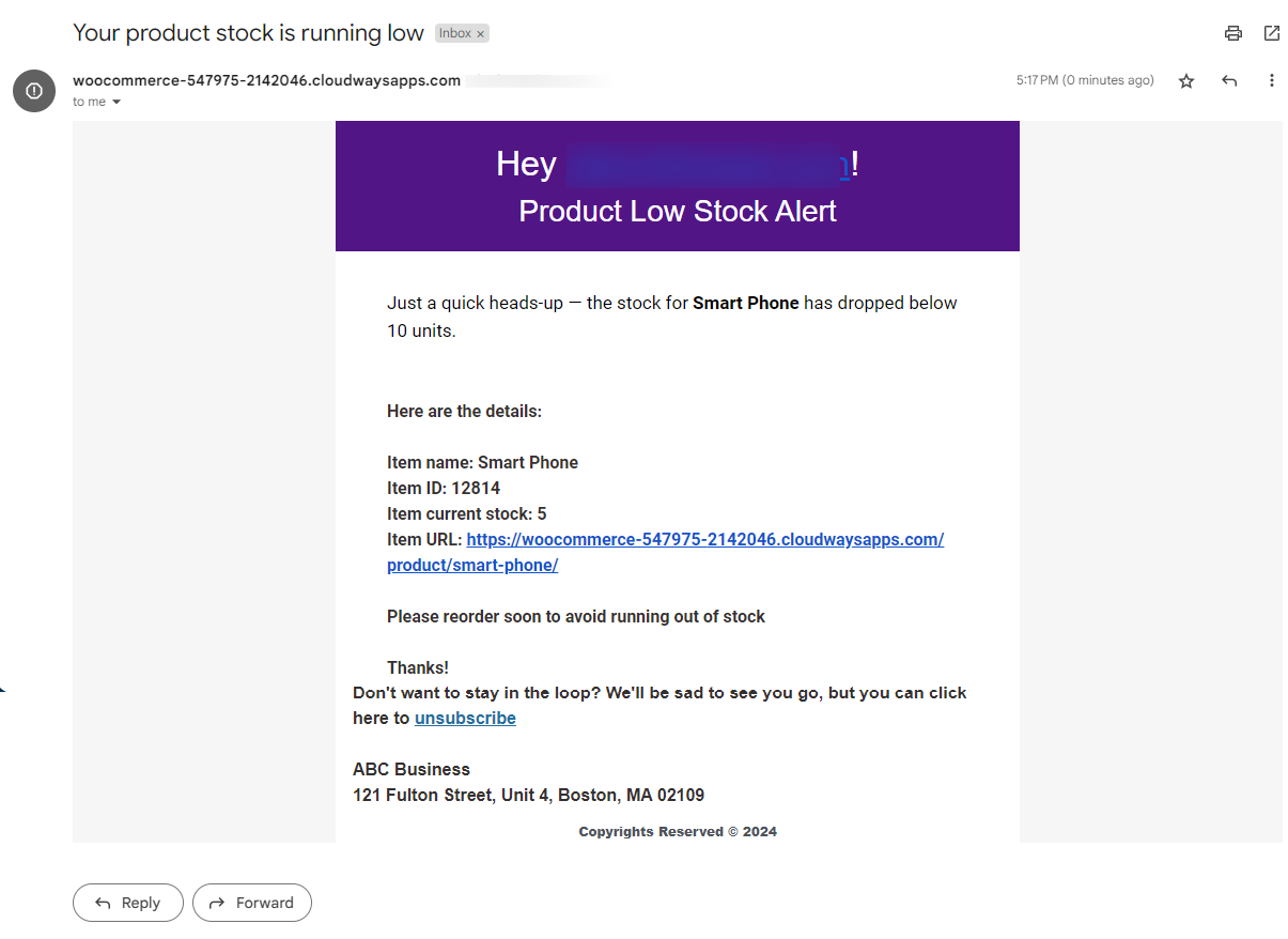 WooCommerce Low Stock Email Notification