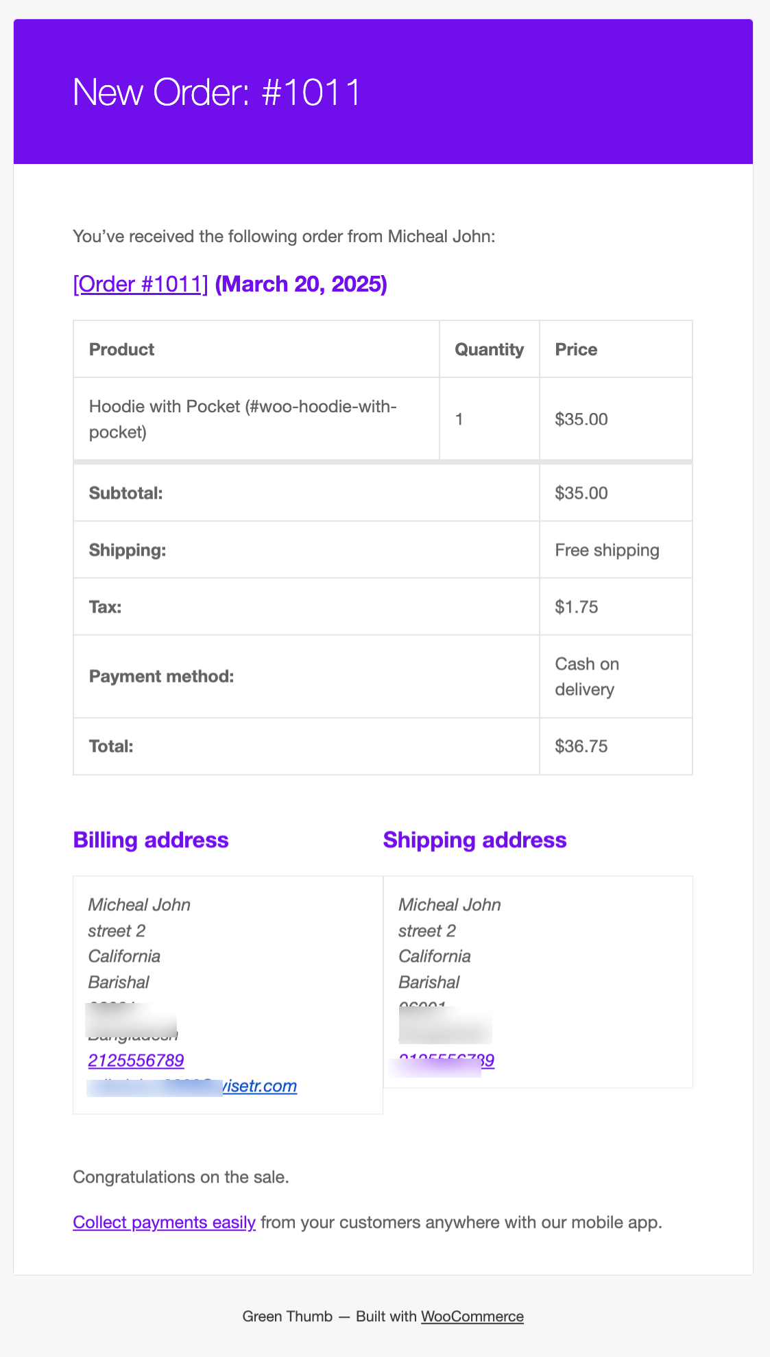 default WooCommerce new order email