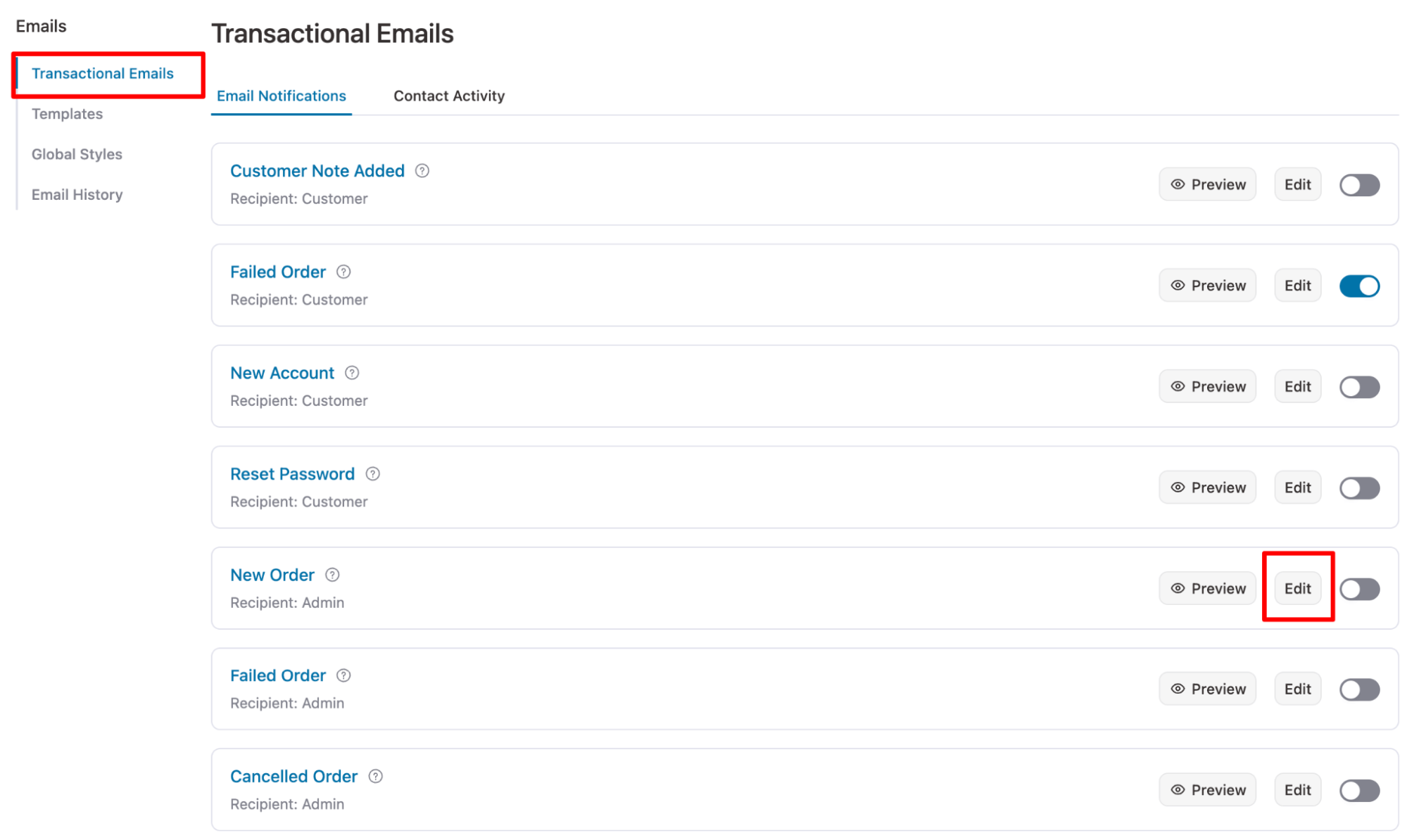 hit edit new order email option of FunnelKit Automations