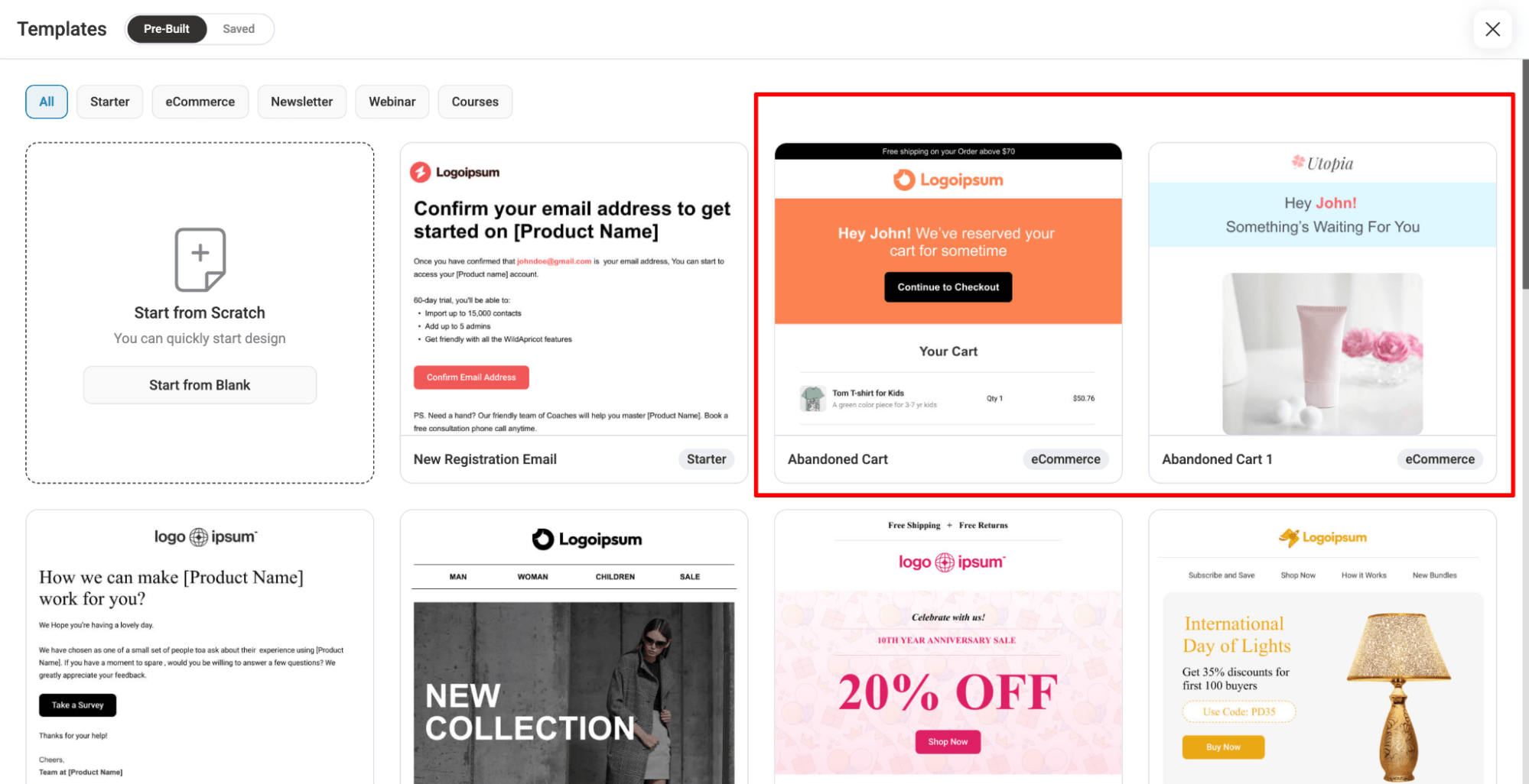 prebuilt template of abandoned cart and other marketing emails